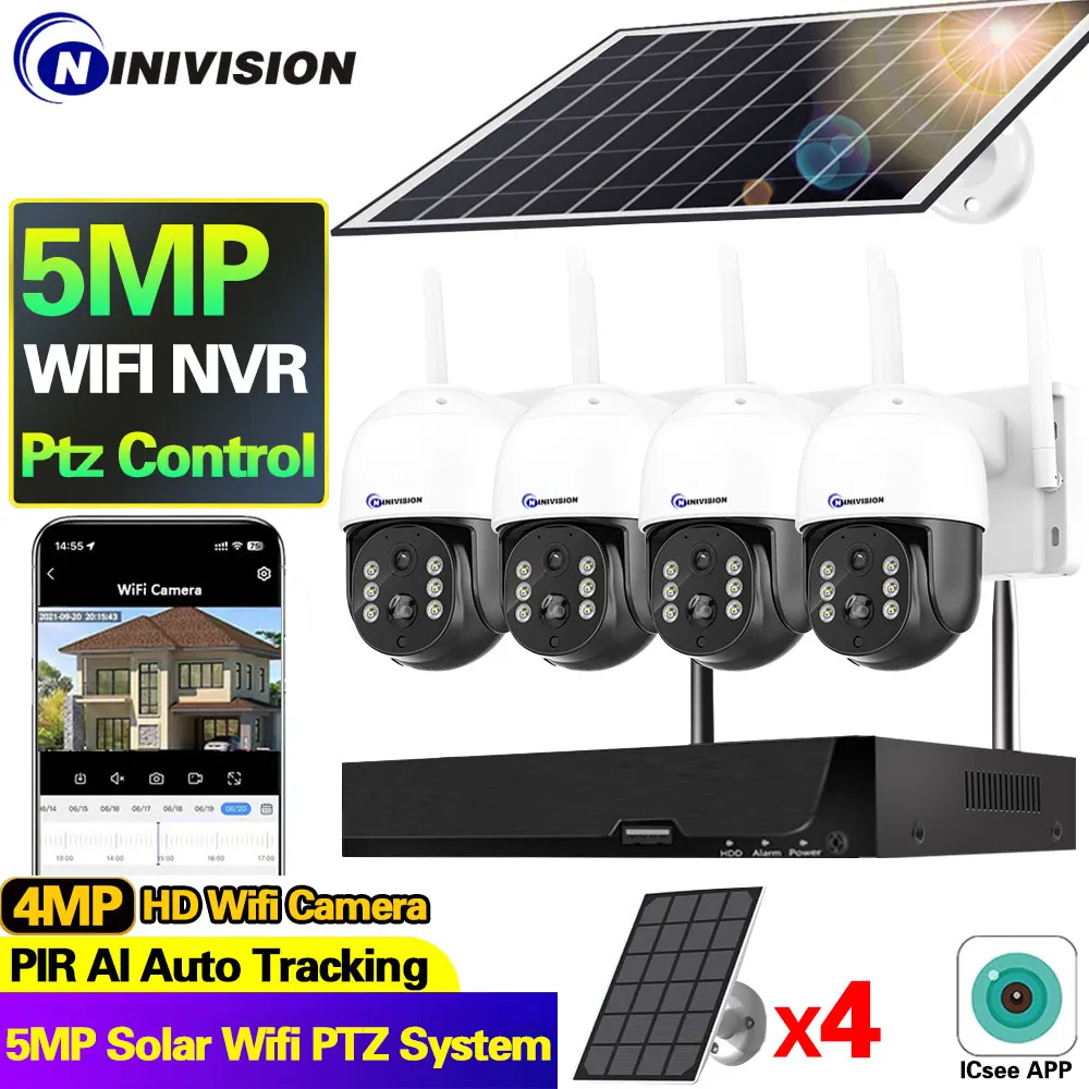 

5MP 4CH NVR Kit Outdoor Wifi Solar PTZ Security Camera System AI Tracking Wireless CCTV IP Camera Video Surveillance Kit 3MP 8CH
