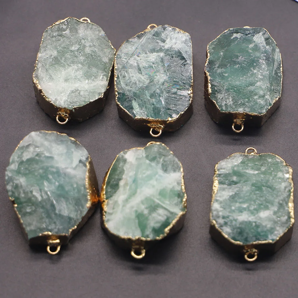 New Natural Fluorite Stone Oval Slice Pendants Connector Mineral Healing Gold Plated Edge Necklace Charms Jewelry Wholesale 4Pcs