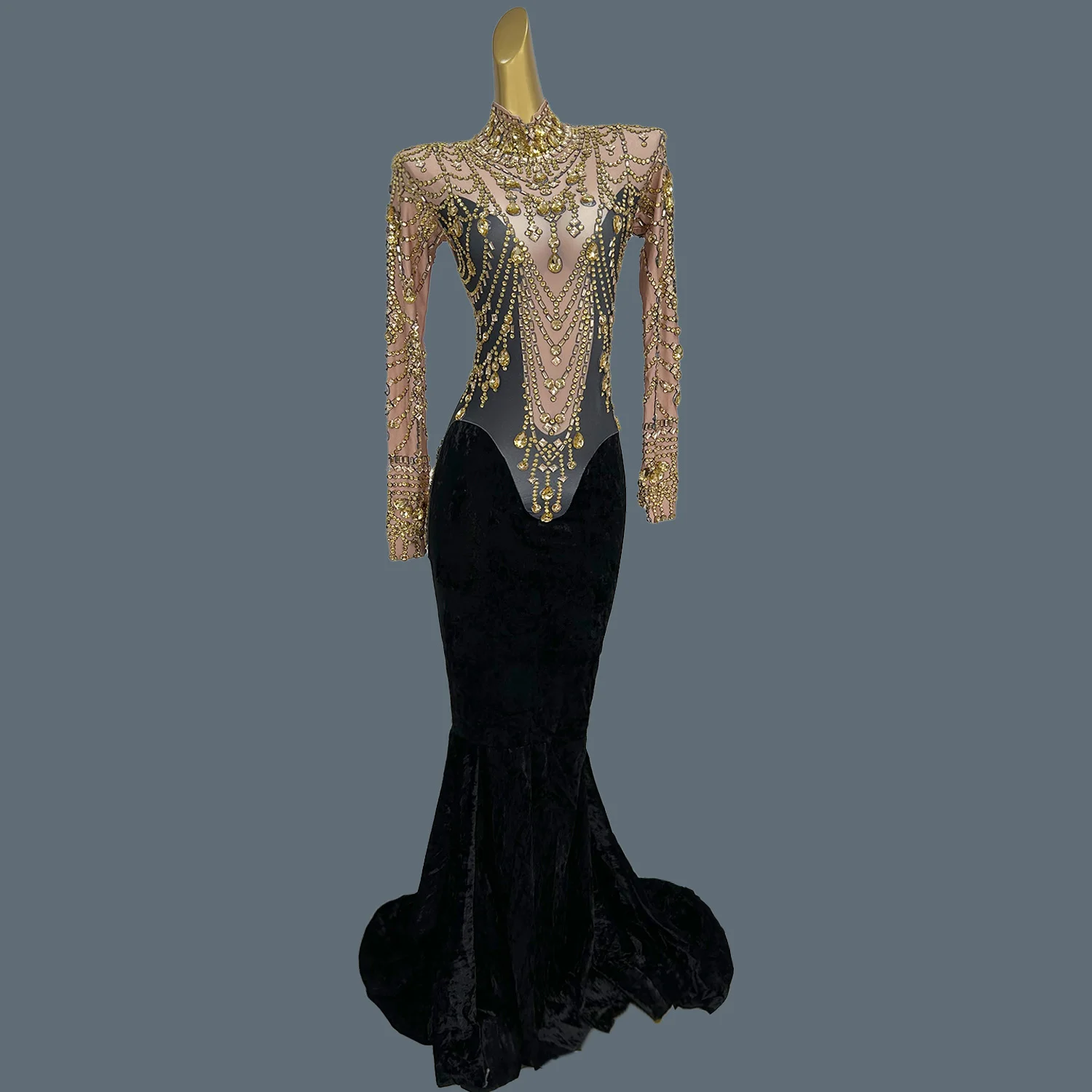 green emerald velvet dress Stunning Gold Velvet Side Slit Mermaid Long Prom Dress, PD3117 – AlineBridal main image 0