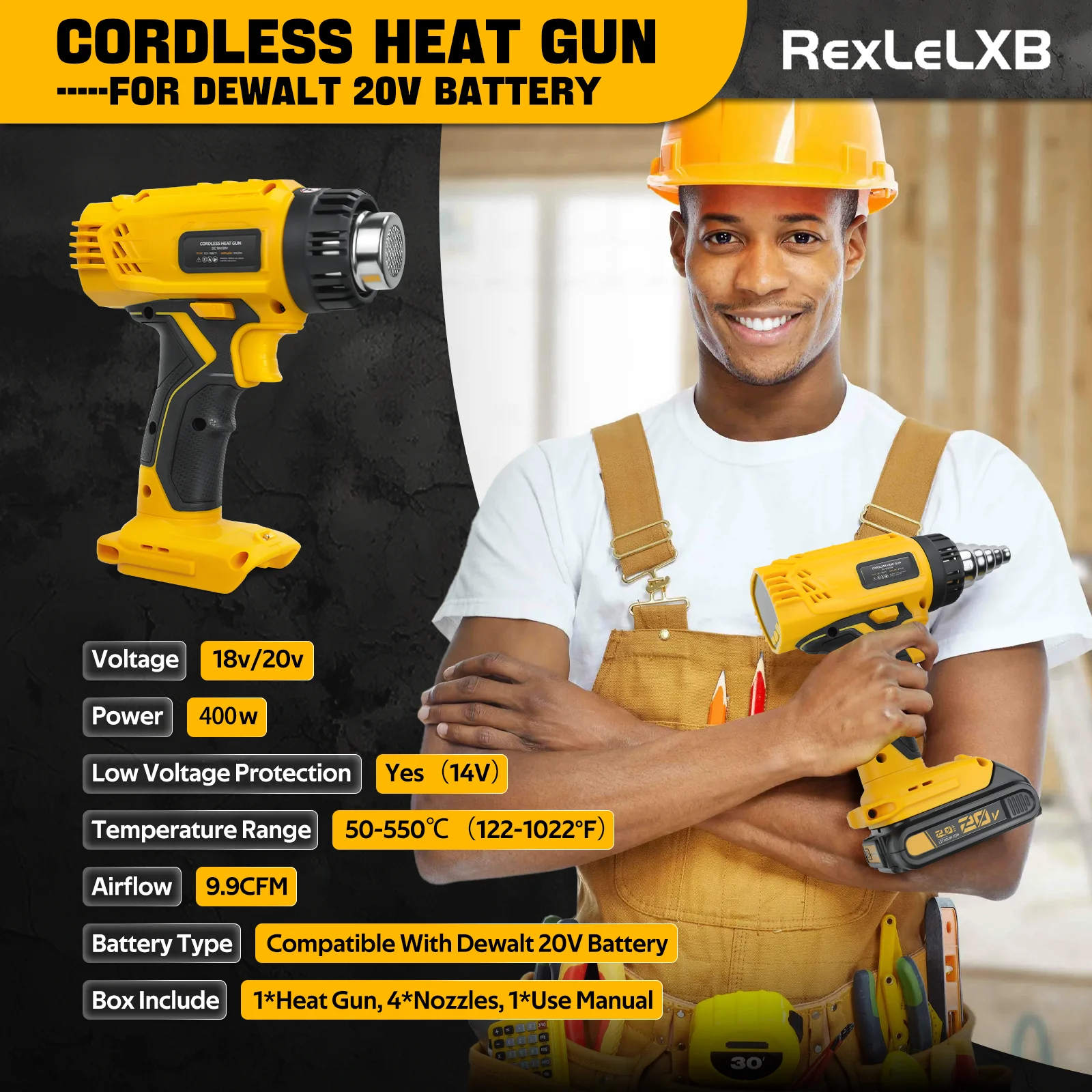 400W Cordless Heat Gun Electric Soldering Hot Air Gun 50℃-550℃ Fast Heating Shri