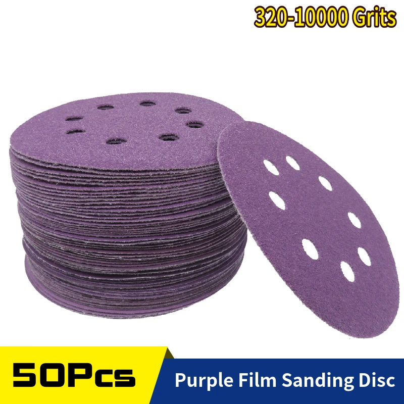 

50 PCS 5 Inch 8 Hole Hook and Loop Sanding Discs 125mm Purple Film Orbital Sander Wet Dry Sandpaper 320-10000 Grit Assortment