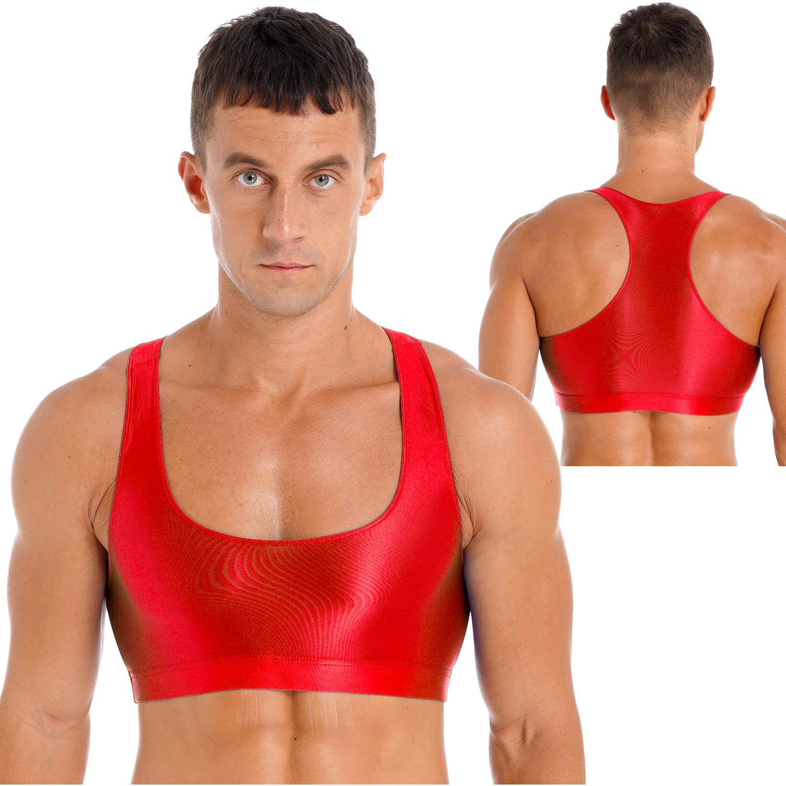 thumbnail image 1 of Traje de baño Sexy para hombre, Tops brillantes con cuello en U, Tops cortos sin mangas de Color sólido, camiseta sin mangas, ropa para discoteca, Tops deportivos para gimnasio y Fitness, 1 of 5
