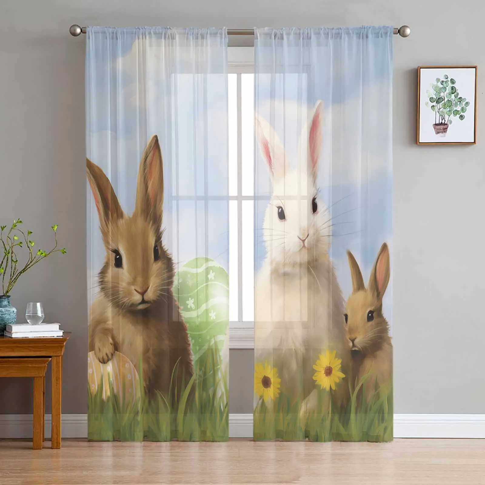 

Easter Rabbit Watercolor Flower Spring Sheer Curtain Living Room Drapes Home Bedroom Voile Curtain Tulle Window Curtain