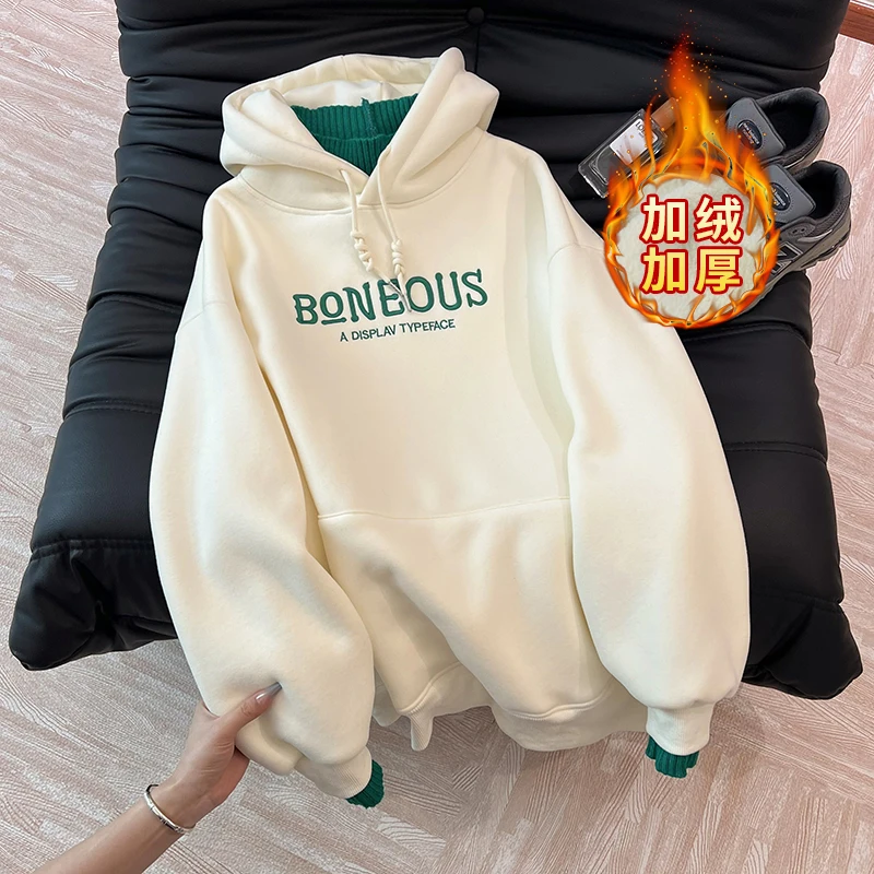 

Lamb's Wool Letter Embroidery Stitching Cap Plus Fleece Thickened Fake Two Sweatshirts Women's Autumn and Winter New Hoodies