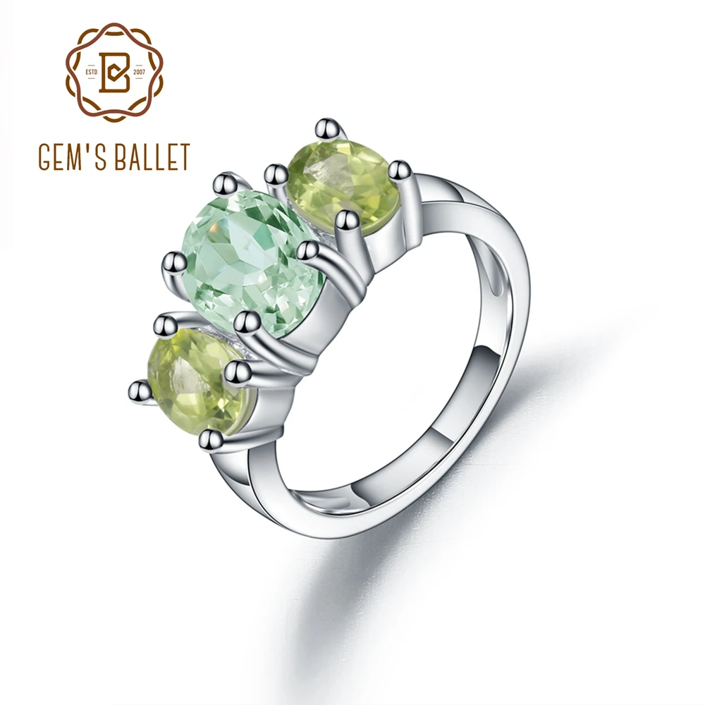 

GEM'S BALLET 925 Sterling Silver Created Green Amethyst three stones Rings For Women Anniversary Mother's Day Gift Wholesale