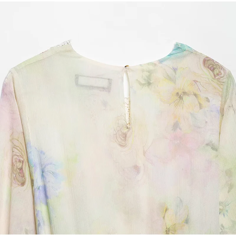 Elegantes Chiffon-Kleid mit Blumendruck, Spitze, V-Ausschnitt, lange Ärmel, Gürtel an der Taille, gestufter Rüschensaum, Vintage-Casual-Outfit für den täglichen Urlaub – Detail 6