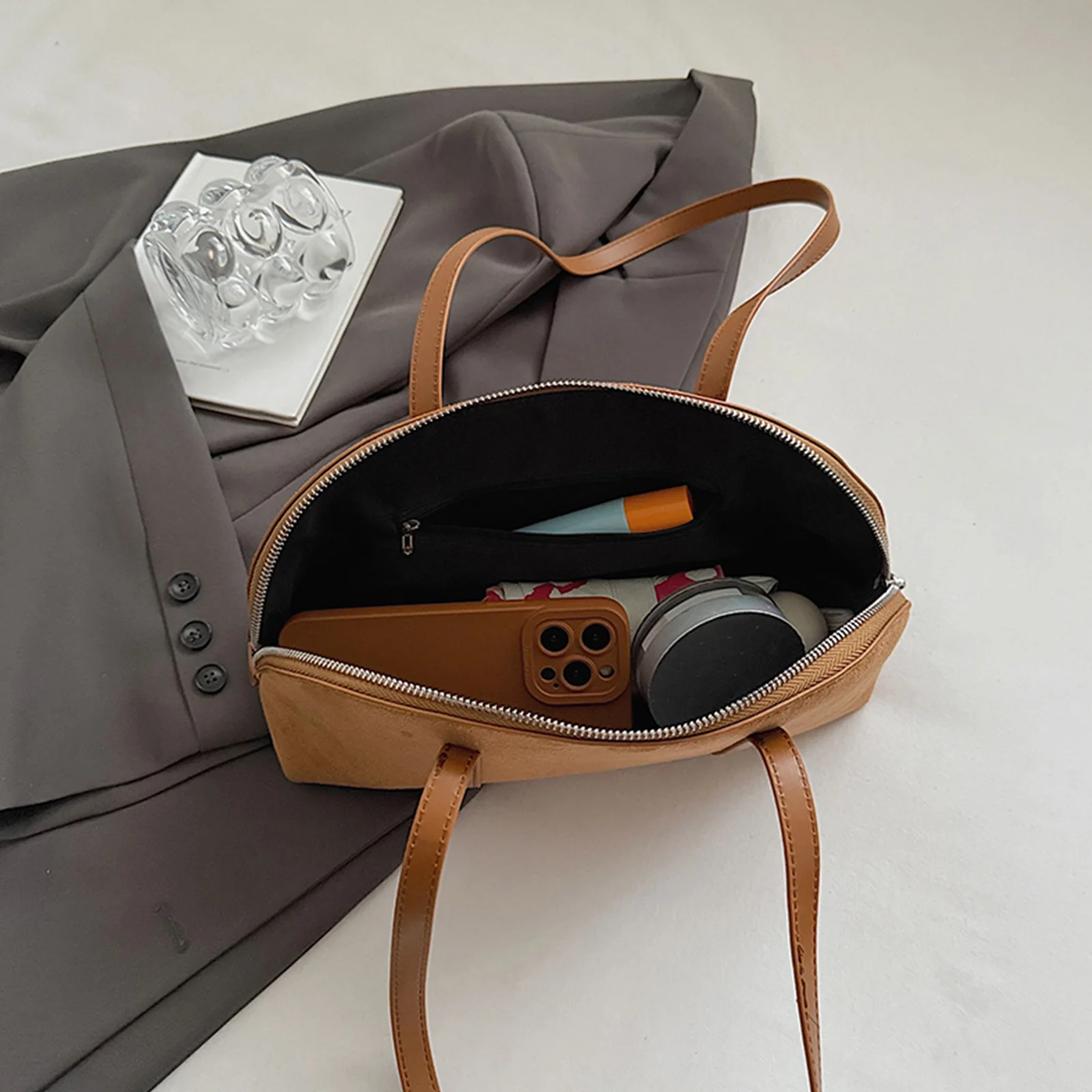 Faux Suede Casual Tote Handbag Large Capacity Retro Shoulder Bag Solid Color All-Match Underarm Bag Travel Shopping Date Bag