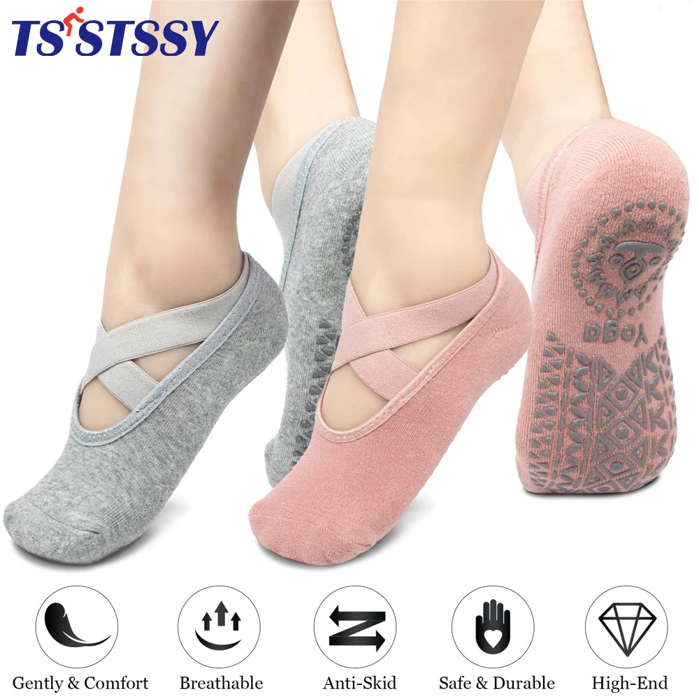 1Pair Yoga Socks for Women Non-Slip Grips Straps Bandage Cotton Sock Ideal  Pilates Pure Barre Ballet Dance Barefoot Workout