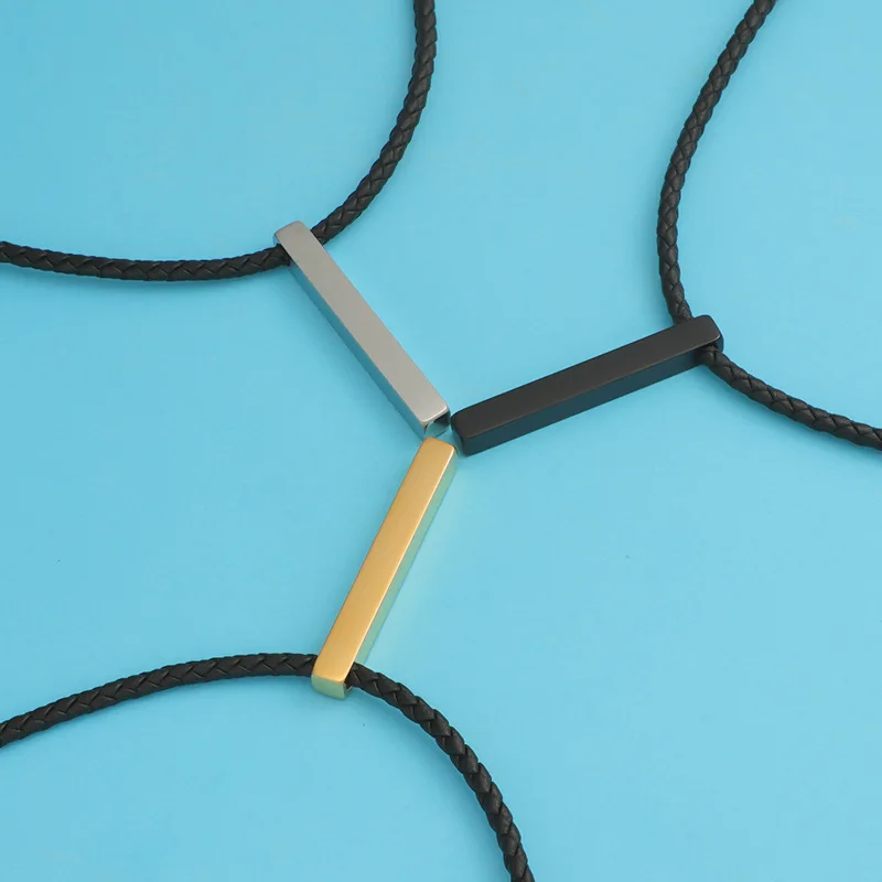 Stainless Steel Black PU Leather Chain With Bar Pendant Blank For Engrave Necklace For Women Men Metal Rectangle Tag Necklace