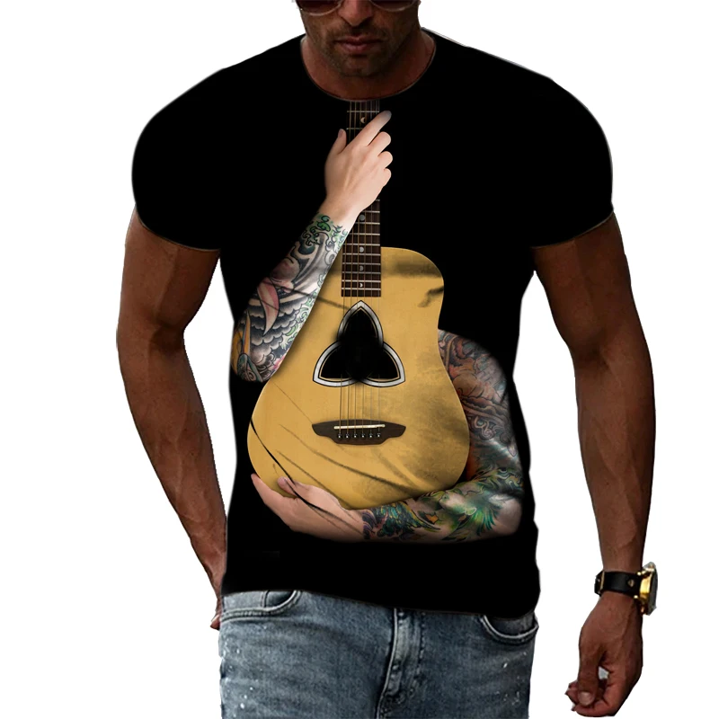 

Summer Fashion Guitar Instrument graphic t shirts Men Casual Personality Music Enthusiast Tees Hip Hop Printed streetwear Tops