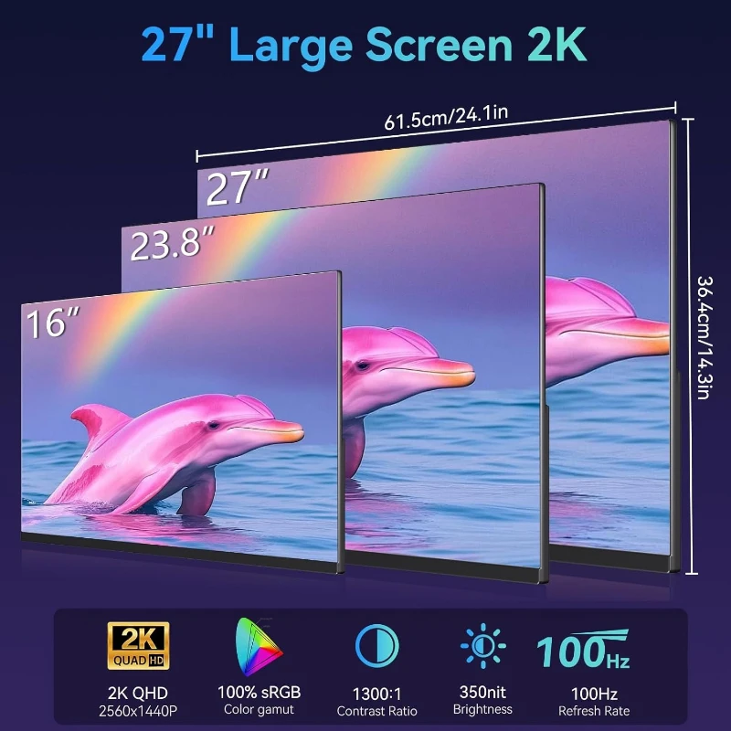 27인치 대형 모니터 2K QHD 100Hz IPS 화면 프리싱크 USB C HDMI 외부 디스플레이 내장 스피커 스탠드 휴대용 게이밍 모니터