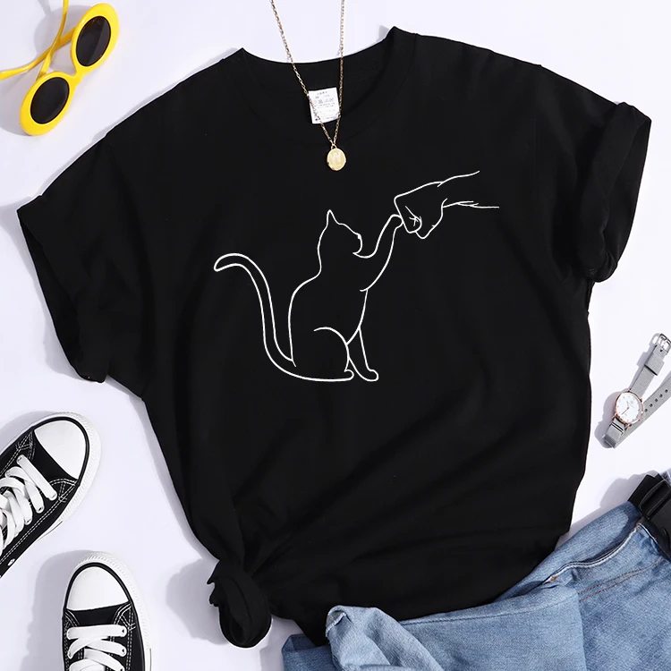 Agreement With Cat Prints T-Shirt Street Creativity Tee Top Trend Individual T-Shirt Hipster Comfortable  Women Tee Shirt