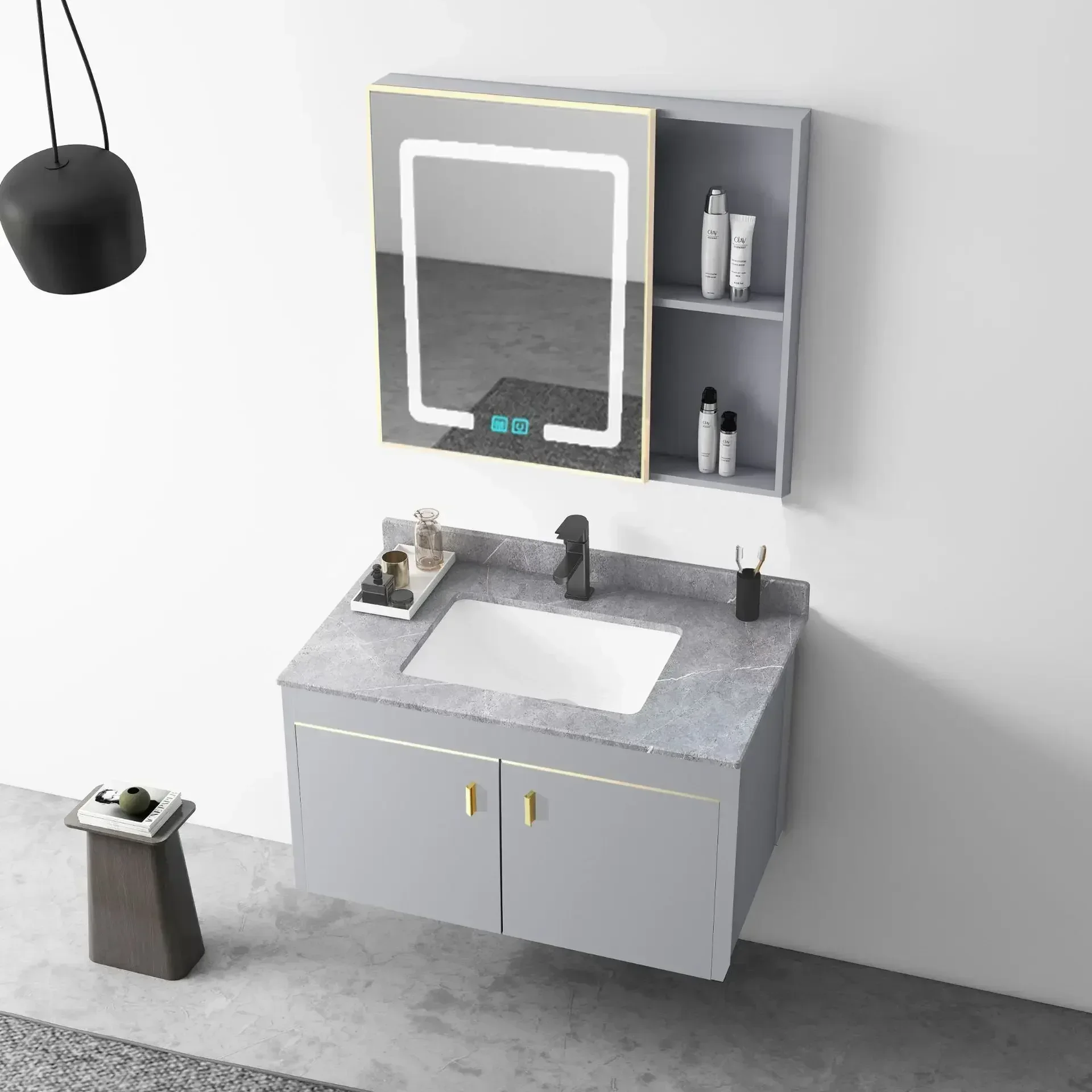 closet with modern vanity, washbasin accessories, makeup furniture organizer, wall-mounted items, luxury top washbasin