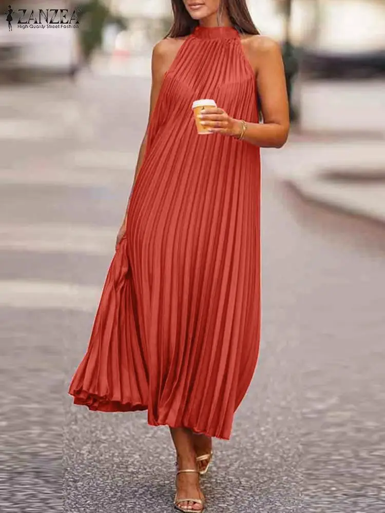 

ZANZEA 2023 Summer Sexy Solid Maxi Party Robes Vintage Long Dresses Women Halter Neck Sleeveless Sundress Fashion Pleating Robe