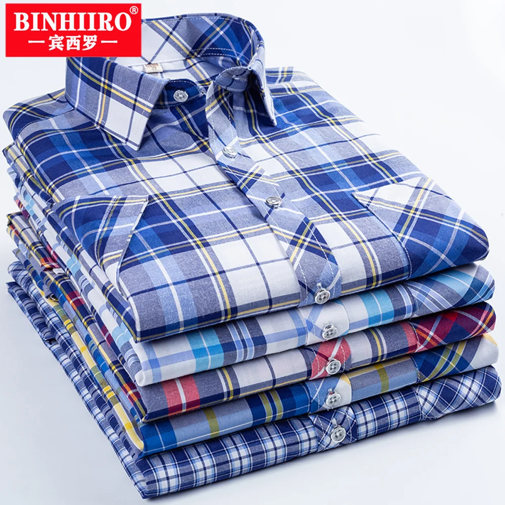 

BINHIIRO Men's Short Sleeve Shirt Cotton High-Quality Plaid Shirt New Business Casual Anti-Wrinkle Non-Ironing Slim Lapel Shirt