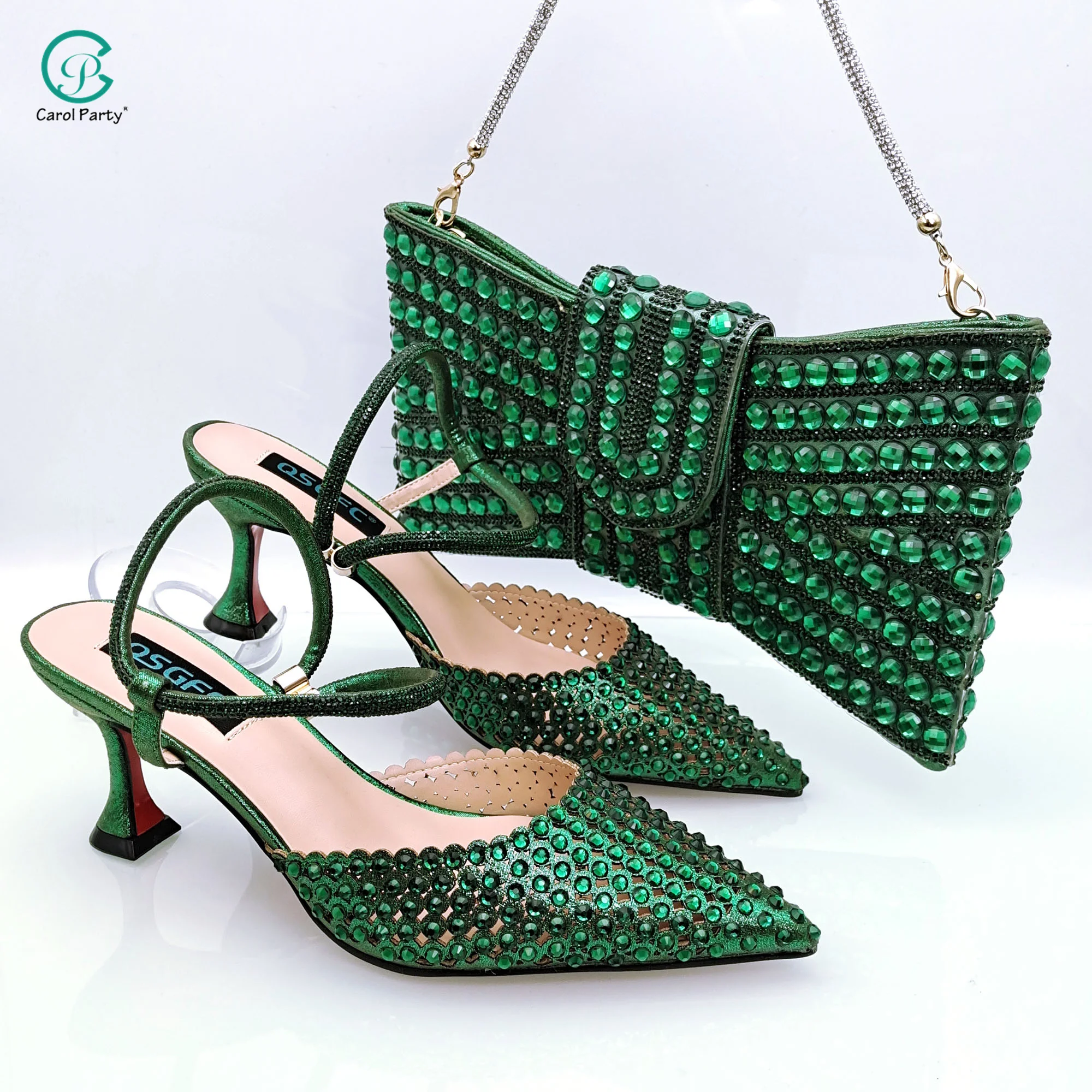 

QSGFC Women's Green Envelope Shoulder Bag African Wedding Party Shoes And Bag High Heels Pointed Crystal One Step Sandals