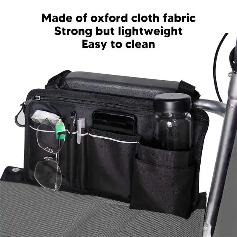 Wheelchair Armrest Side Storage Bag Waterproof Portable Pocket with Reflective Strip for Seniors Elderly Wheelchair Accessories 3