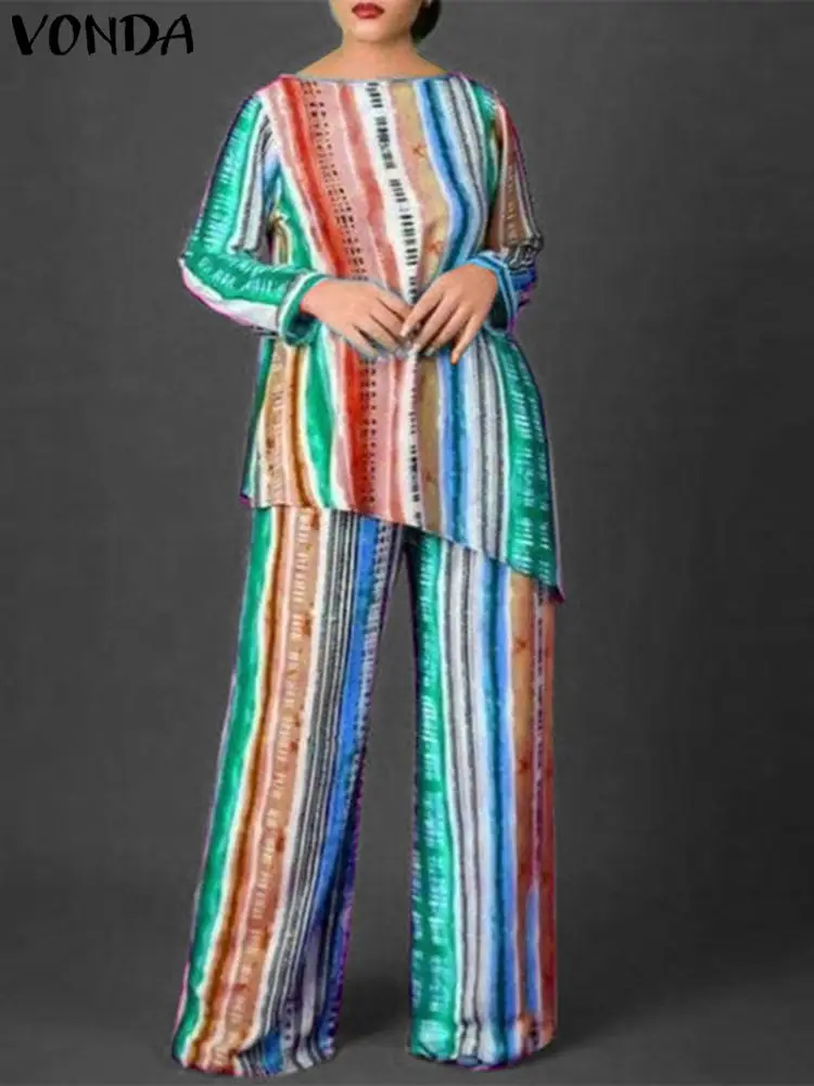 VONDA Autumn Pant Sets 2024 Elegant Women Vintage Long Sleeve Tops and Pants 2pcs Kaftan Printed Casual Loose Suits Oversized юбка трёхслойная kaftan зайка