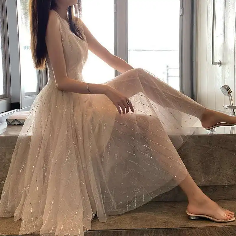 

Summer SexyDress 2023 New Summer French Vintage Sleeveless Solid Color Strap Dress Mid length Fairy Mesh Skirt Two Piece Set