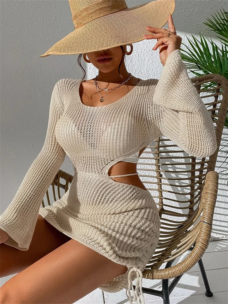 SUNSIREN Sexy Cut Out Knitted Beach Dress Women Hollow Out Tassel Crochet Transparent Dresses Backless Cover Ups Beach Wear