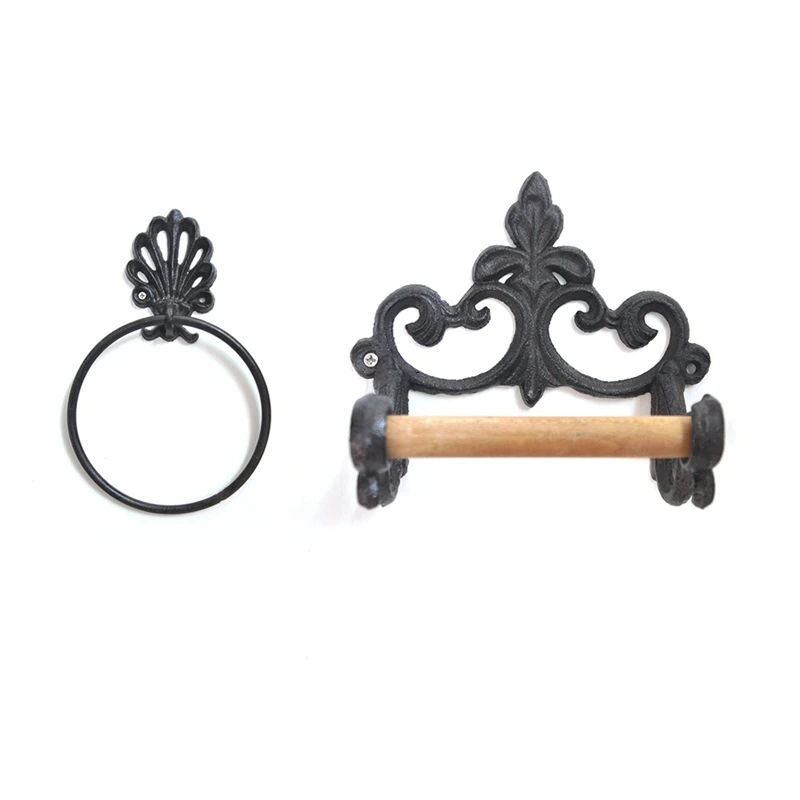 Black Toilet Roll Holder Towel Holder Set,bathroom Cast Iron Towel Ring