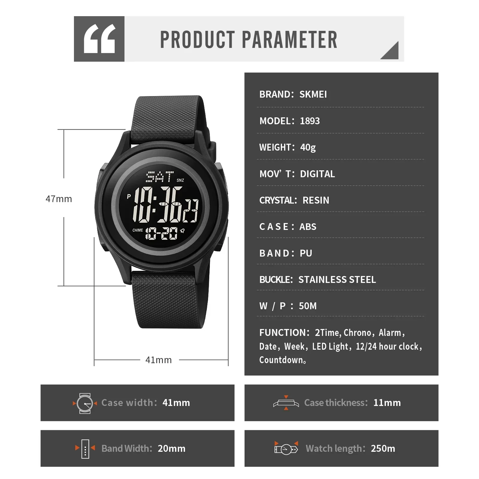 SKMEI 1893 Waterproof Sport Watch for Men Military Electronic Stopwatch Digital Mens Wristwatches Clock Reloj Masculino 1895 6