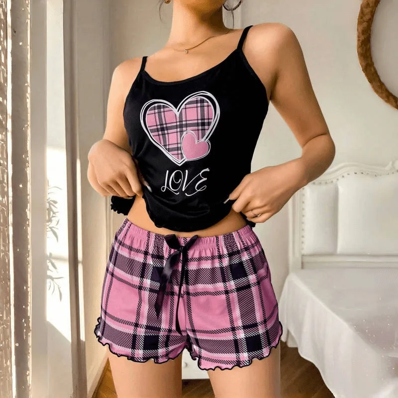Women Sexy Suspender Shorts Thin Pajamas Letter Print Plaid Shorts Large Pajamas Romantic Home Wear Sexy Nightwear Short Pajama 3