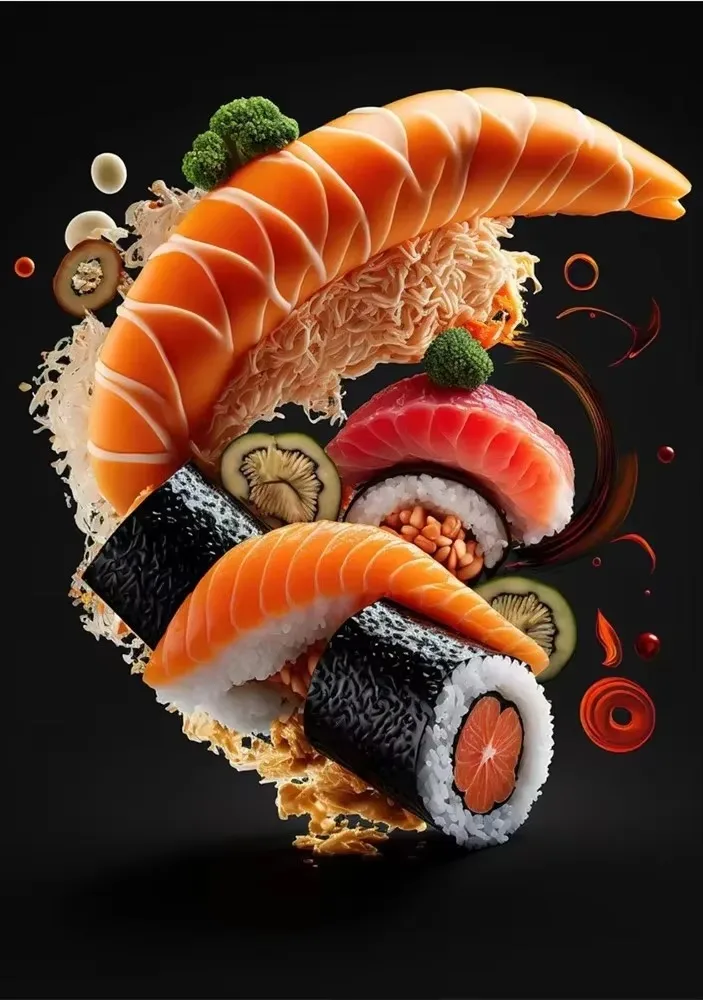 Japanese Salmon Sushi Canvas Wall Art - Cute Aesthetic Poster for Kitchen and Home Decor