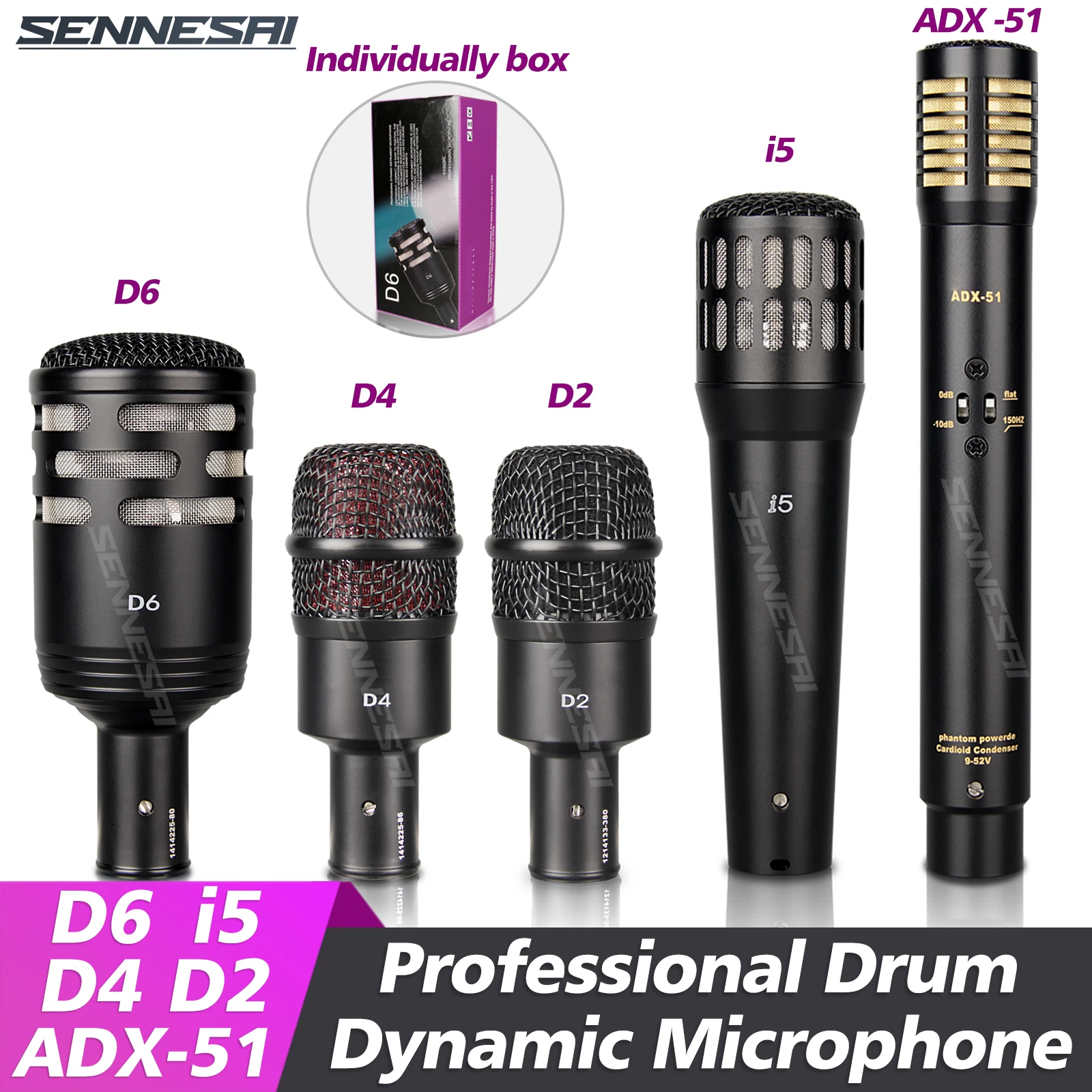 

High Quality！D6 D4 D2 i5/Tom Snare Drum Microphone (Metal) Cardioid Mic For Drum Instrument Music Pick Up，ADX-51 Condenser Mic