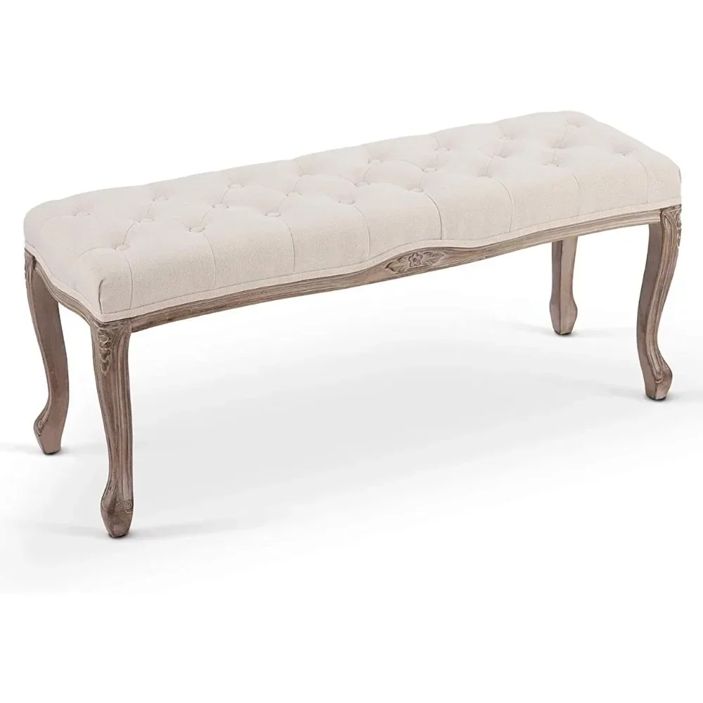 

French Style Stool Tufted Fabric End of Bed Bench for Bedroom and Living Room Furniture Pouf Beige Freight Free