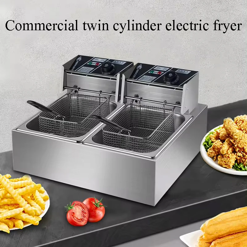 Commercial Double Two Cylinder Electric Deep Fryer French Fries Oven Hot Pot Fried Chicken Grill Frying Machine Pan 2 Oil Tanks