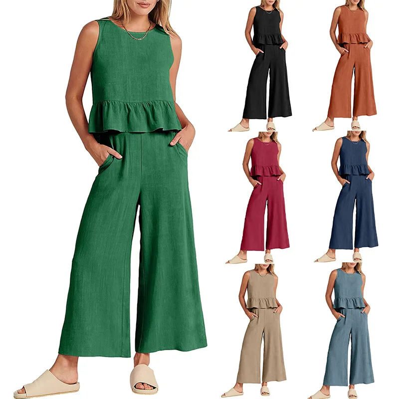 

Women Cotton Linen Sleeveless Suit Solid Elegant Vest Tops Wide Leg Pants 2 Piece Set Ladies Trend Loose Casual T-shirt Suits