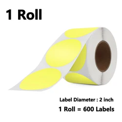 600 - Label Roll of 5.08cm Round White Thermal Stickers, Self - Adhesive and Multi - Purpose (1Roll - Yellow)