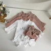 Autumn Striped Crawling Suit for Infant Personalized Name Baby Girl Jumpsuit with Headband Set Customized Kids One Piece Clothes 1