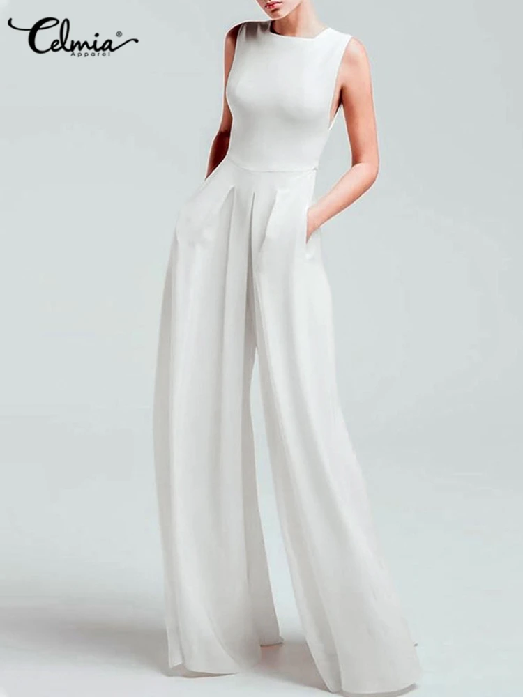 Celmia Long Jumpsuits Women Elegant Pockets Party Sleeveless Rompers 2023 Summer Fashion Casual Pleated Wide Leg Pants Overalls