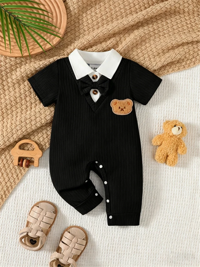 Fashion Summer Newborn Baby Boy Formal Romper Short Sleeve Jumpsuit+Collar Bow Tie&Bear  Gentleman Style Outfit for 0-18 Months 1