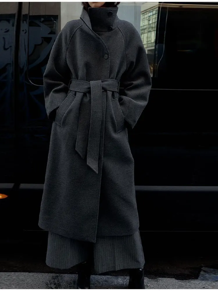 Elegant Waist Cinched Stand Neck Overcoat Lady Simple Full Sleeve Single Breasted Long Woolen Jacket Winter Fall Outdoor Outfits