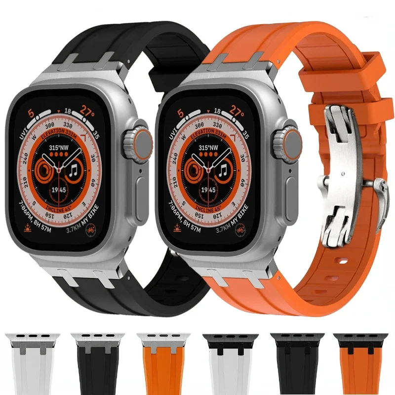 Liquid Silicone Strap For Apple Watch Ultra 2 49mm 9 8 7 45mm 41mm Metal Butterfly Buckle Band iWatch 6 5 4 3 SE 44mm 42mm 40mm