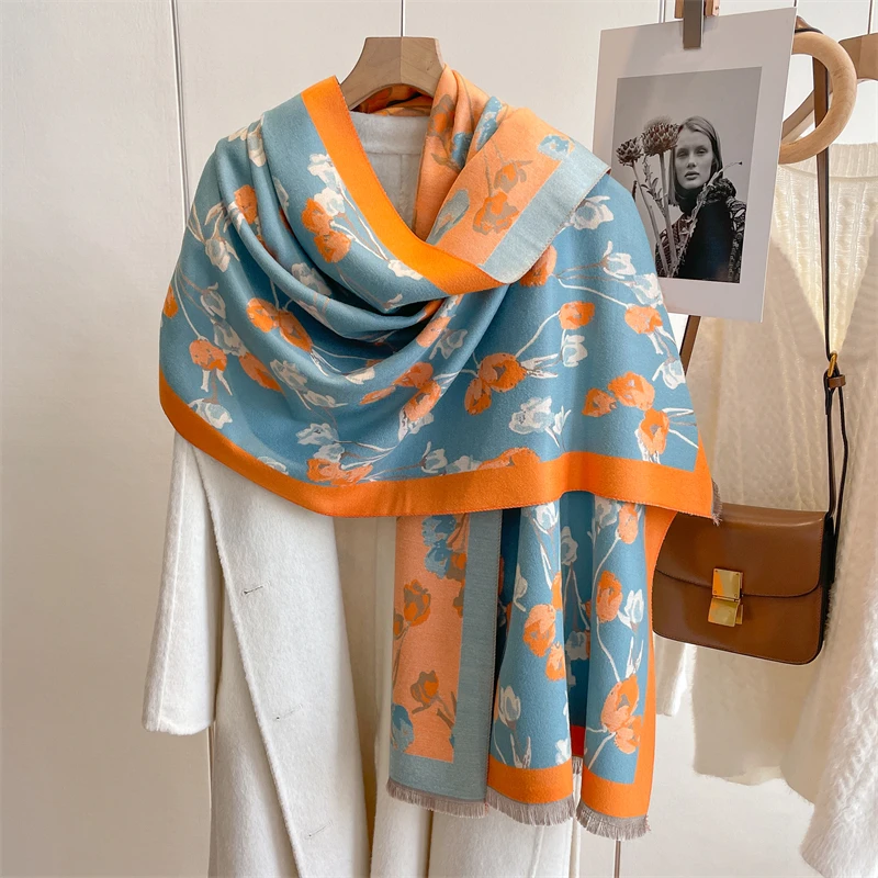Grueso invierno cálido manta de Cachemira Bufanda mujer estampado geométrico Pashmina Poncho chal envuelve con borla Bufanda Casual_voghion.com