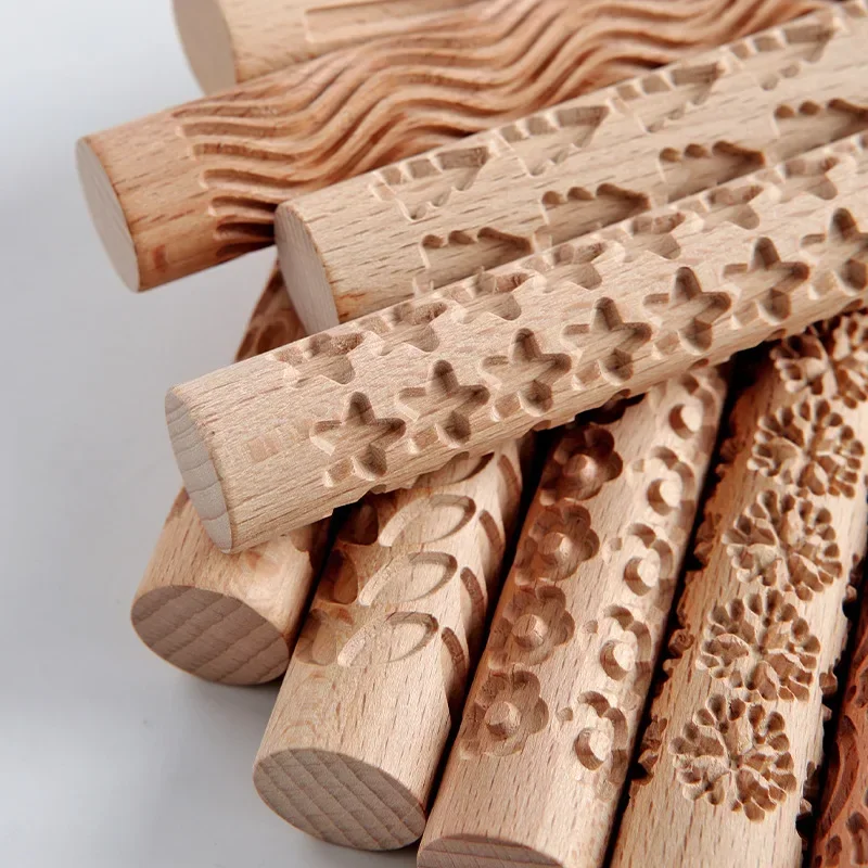 Clay craft tool, Wooden Texture Rolling Pin for Ceramic Pottery Art, Embossed Rod, Flower Pattern, Mud Roll, Reliefs, DIY