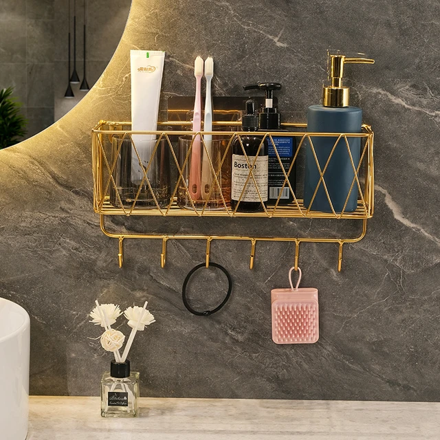 Gold Bathroom Shelf Hanging Basket Kitchen Wall Shelves Shower Basket Storage  Rack Towel Bar Robe Hooks Bathroom Accessories - AliExpress