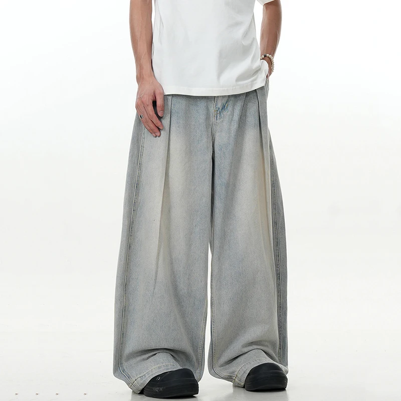 IEFB Simple Men's Denim Pants Droop Pleated Droop Washing High Street Casual Solid Color Straight Wide Leg Male Trousers 9C8878 4