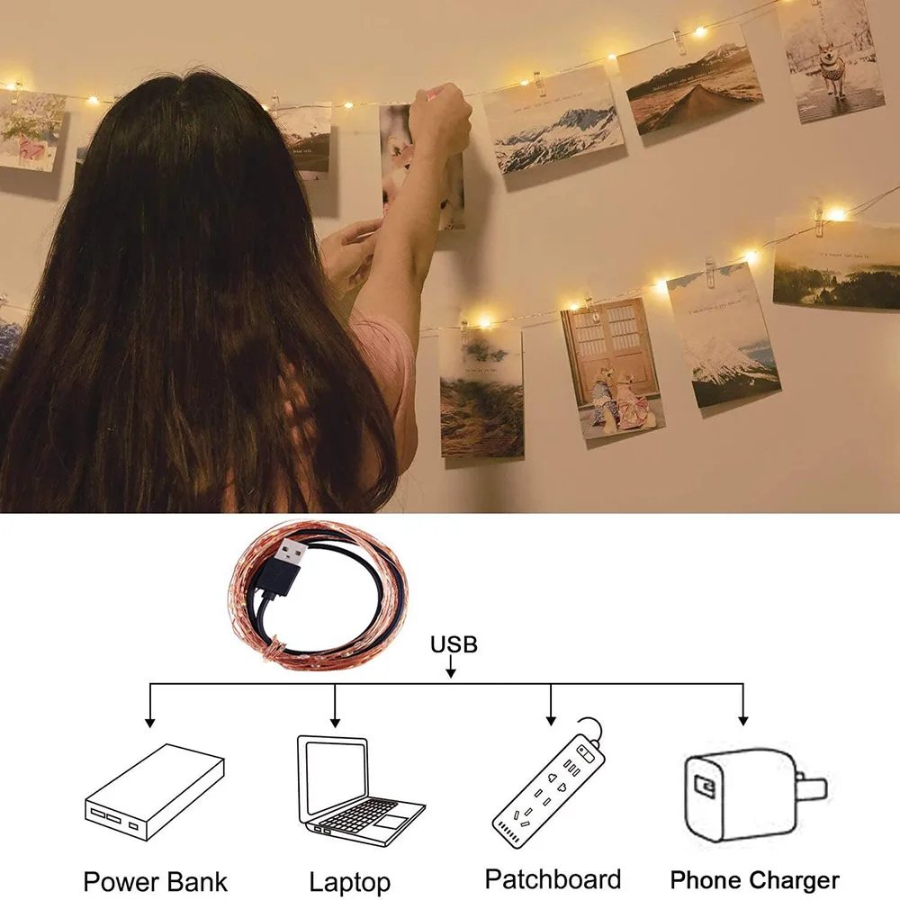 Decorative Lights Photo Clip String Lights LED String Lights LED Fairy Lights String Lights USB Powered With Clips For Bedroom Party