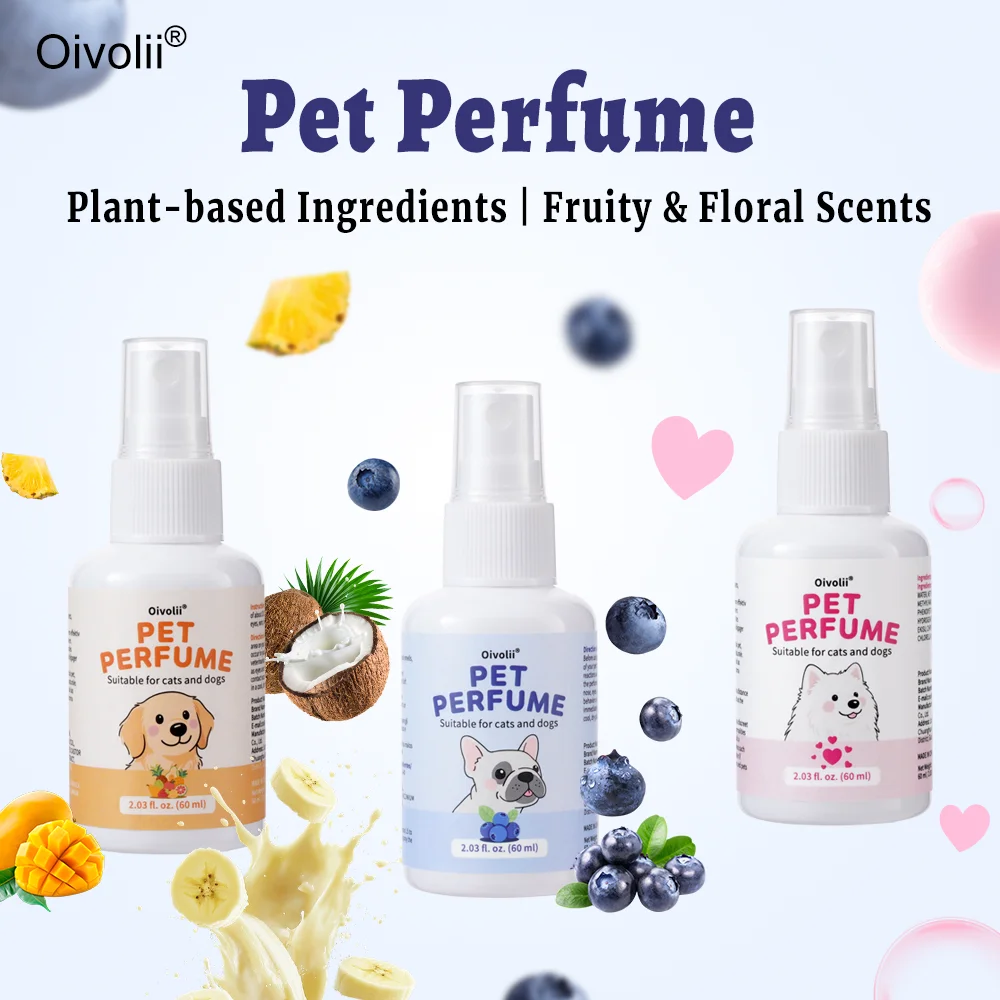 Plant-based pet perfume spray for dogs and cats long-lasting floral fruit deodorizing fragrance travel size spray