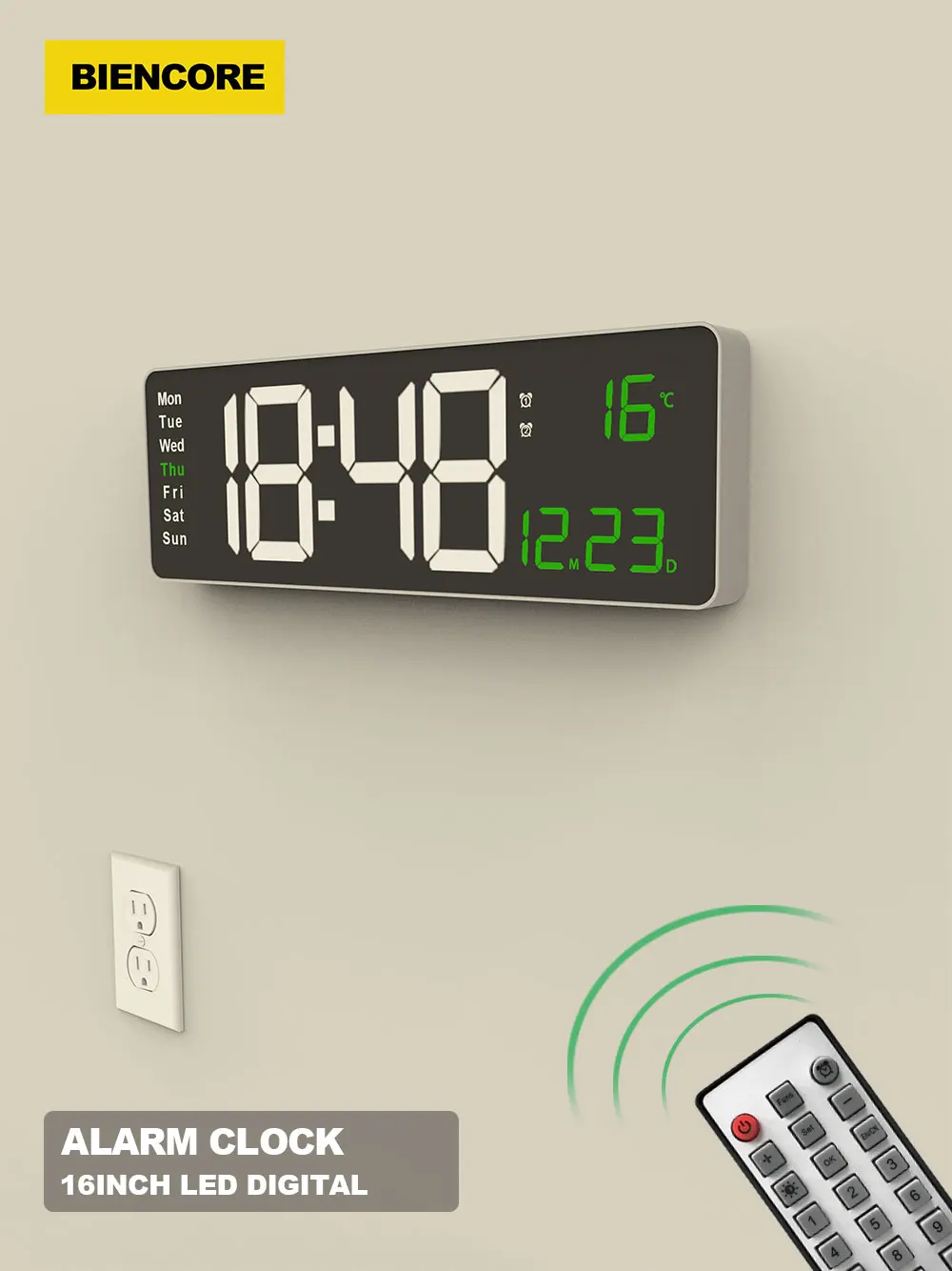Description Picture 2 of itemBiencore B66 Digital Wall Clock 16“ Large Alarm Clock Remote Control Date Week Temperature Clock Dual Alarms LED Display Clock
