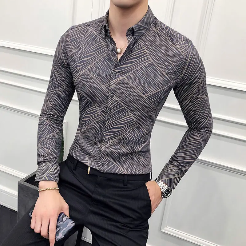 

2023 Men Spring Autumn New Social Long Sleeve Shirts Men Slim Fit Vintage Printes Blouses Men's Fashions Dress Clothing V04