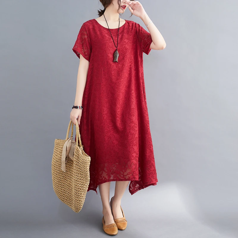 

2023 New Korea Style Short Sleeve Loose Cozy Irregular Lace Fashion Women Casual Summer Dress Office Lady Work Dress