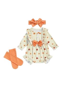 Toddler Girl Halloween Costume Long Sleeve Pumpkin Print Romper with Headband and Socks Set for Baby Girls 0-24 Months 2