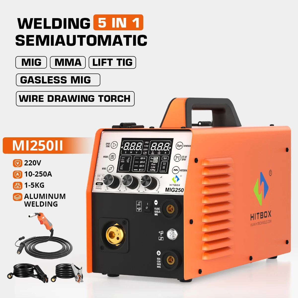 HITBOX 5 in 1 Welder MIG250II MMA Lift TIG Gas/Gasless MIG Aluminum Welder Digital screen pulse Support Wire Drawing Gun