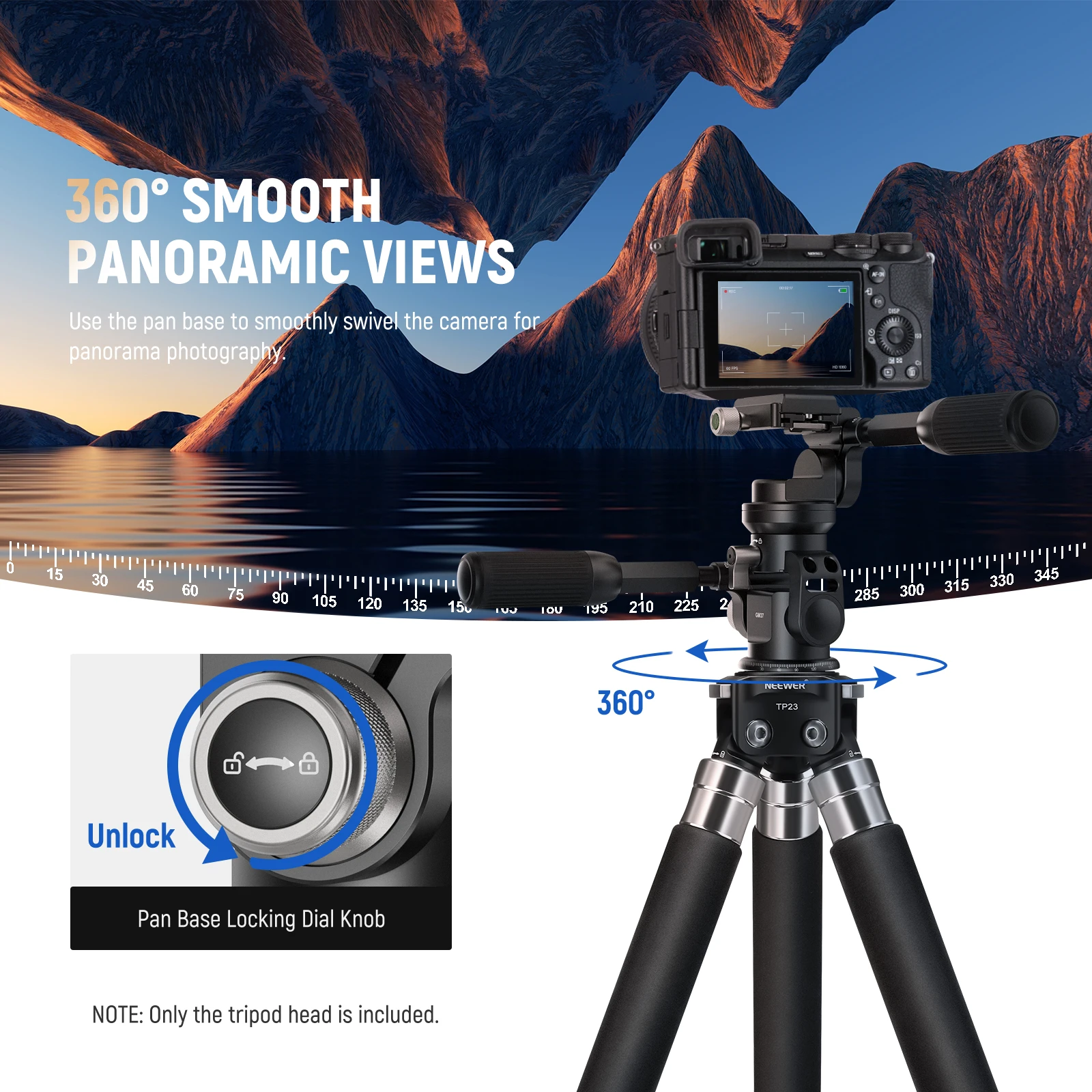 NEEWER 3 Way Tripod Head Pan/Tilt with &plusmn;15&deg; Leveling Bowl Base 3 Axis Photography Fluid Head with Precise Damping Friction